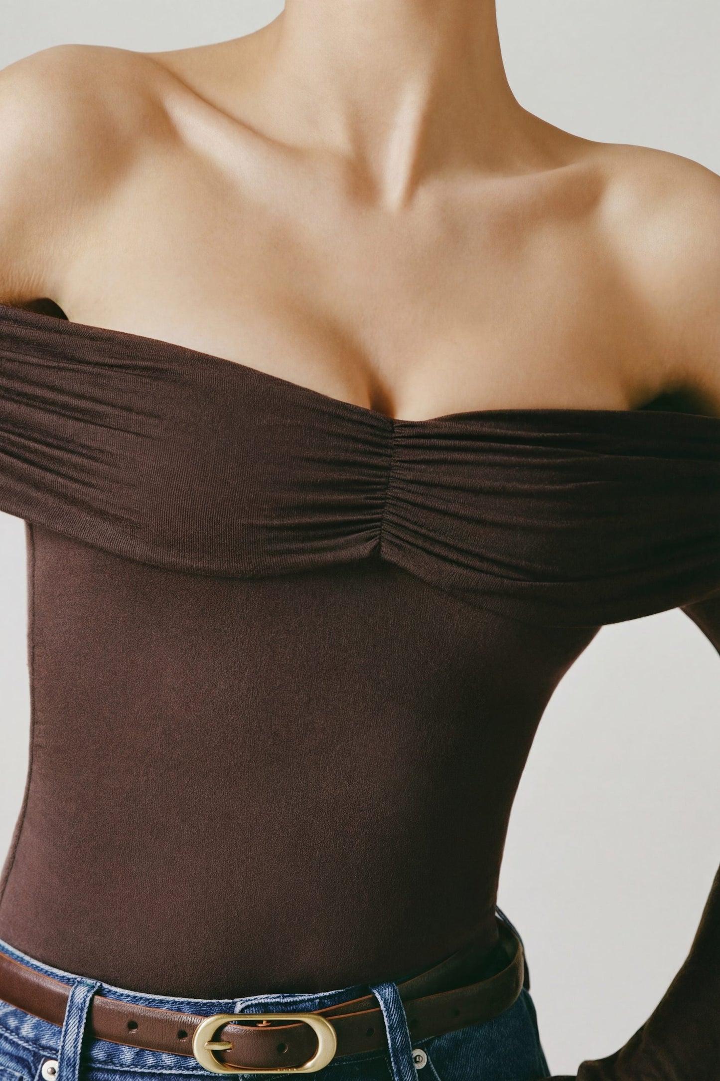 Modal-Cashmere Blend Off-Shoulder Ruched Top in Espresso