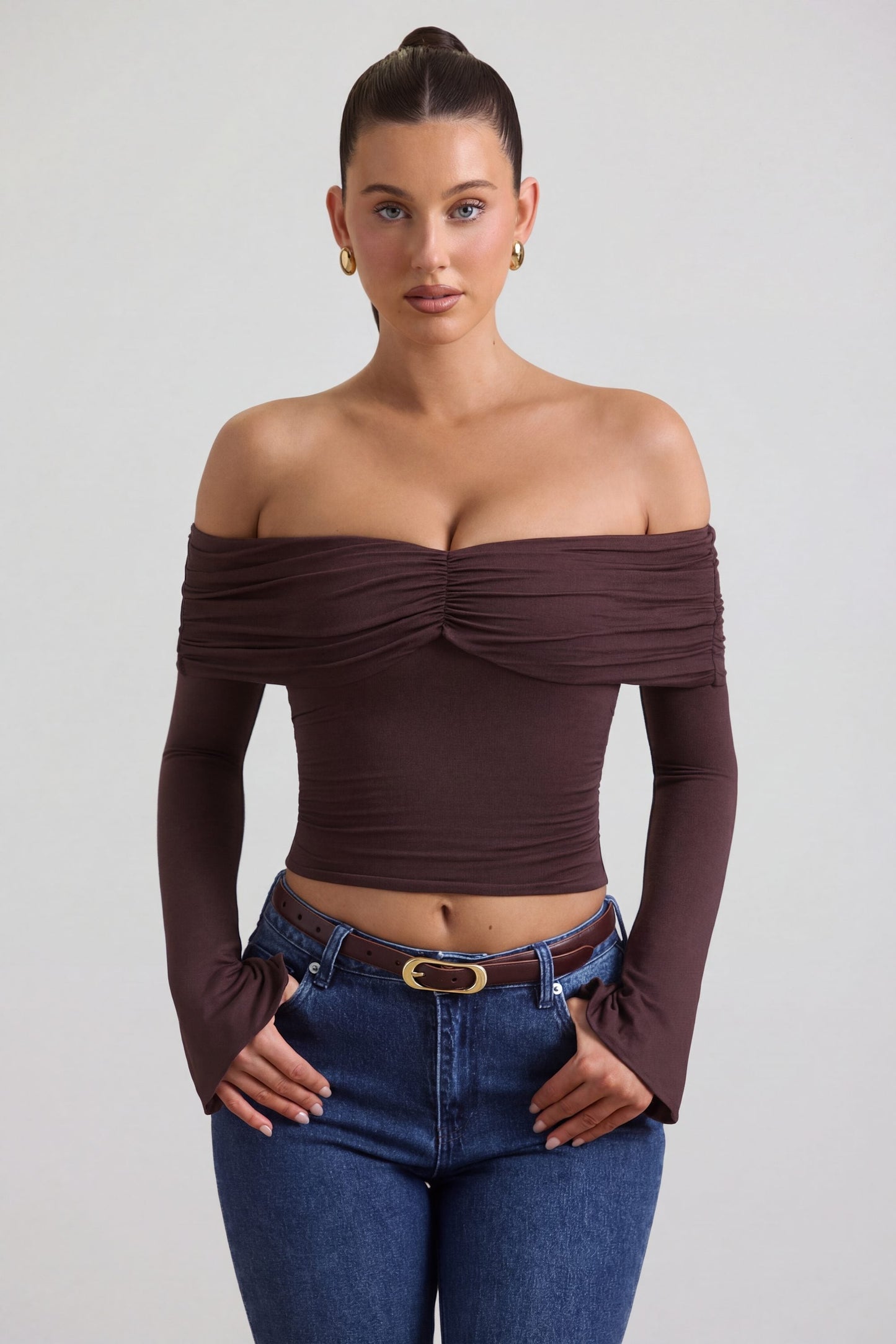 Modal-Cashmere Blend Off-Shoulder Ruched Top in Espresso