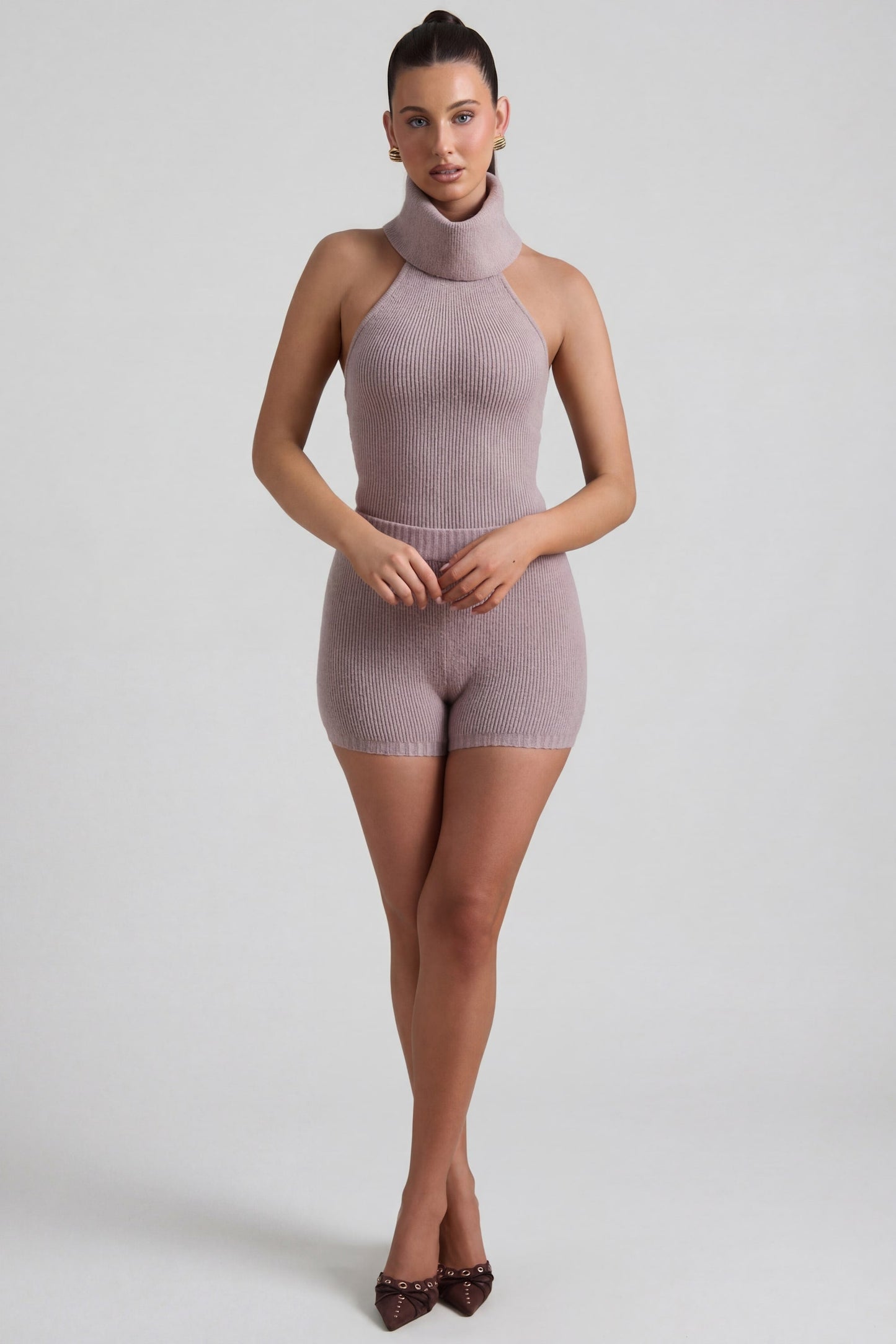 Ribbed-Knit Shorts in Taupe